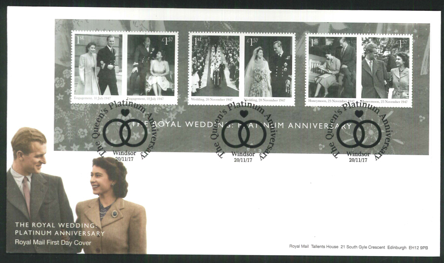 2017 The Royal Wedding Platinum Anniversary MS FDC - Windsor (Crossed Rings) Postmark